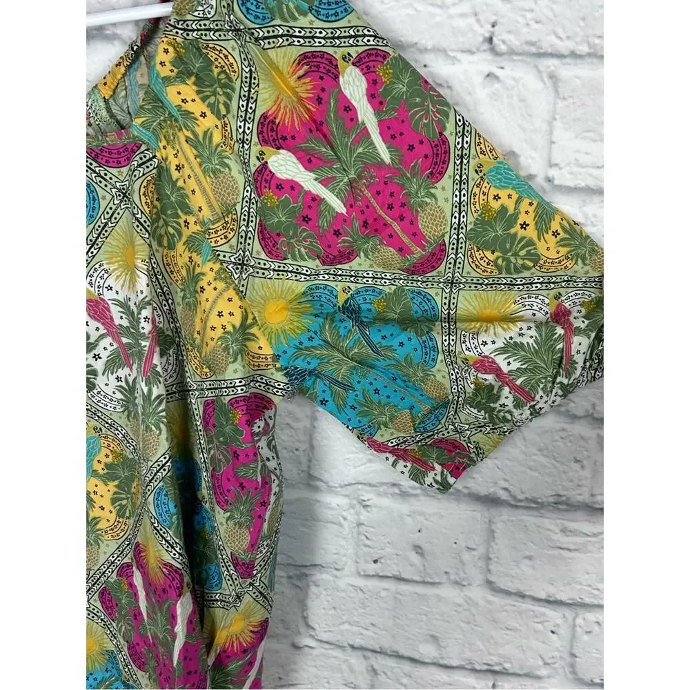 LOFT Palm Bubble Sleeve Square Neck Tropical Blouse Medium